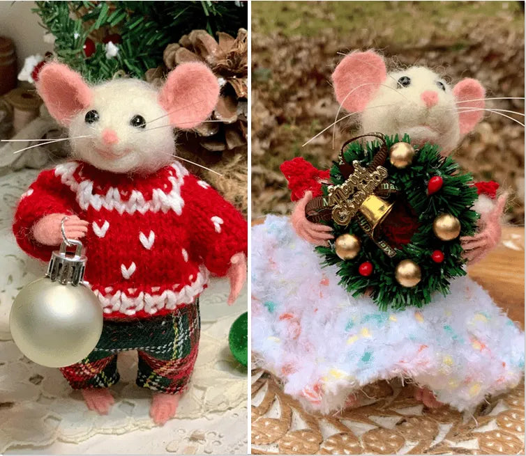 Souris de Noël en Feutrine – Poupée d'Art Fait Main (Délai : 15 Jours)