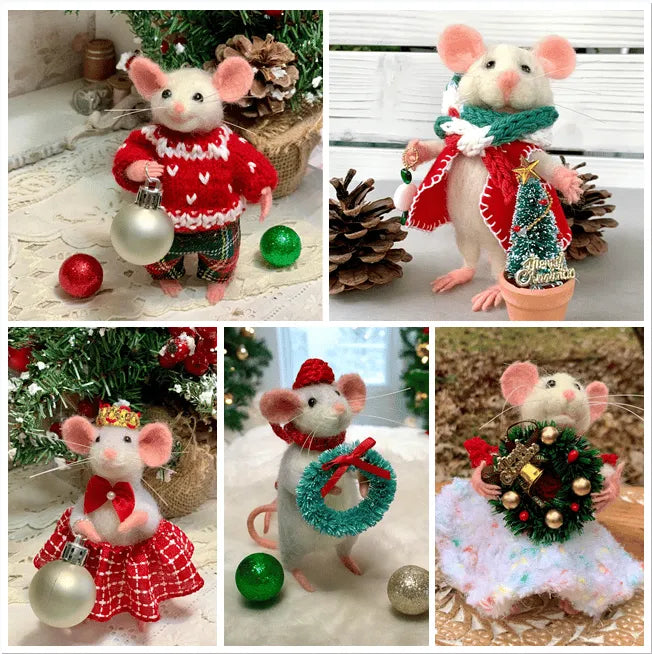 Souris de Noël en Feutrine – Poupée d'Art Fait Main (Délai : 15 Jours)