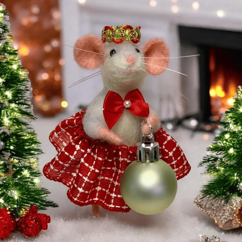 Souris de Noël en Feutrine – Poupée d'Art Fait Main (Délai : 15 Jours)