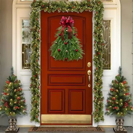 Couronne de Noël en Forme de Sapin – Faite à la Main avec Nœud Écossais