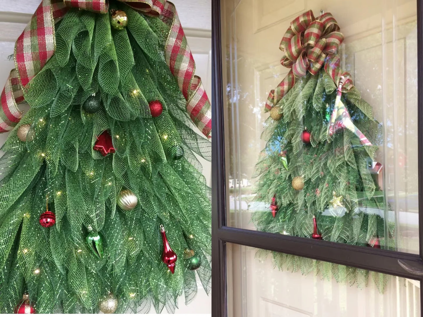 Couronne de Noël en Forme de Sapin – Faite à la Main avec Nœud Écossais