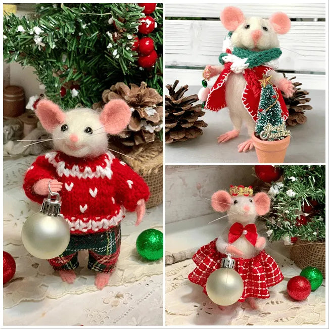 Souris de Noël en Feutrine – Poupée d'Art Fait Main (Délai : 15 Jours)