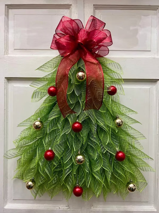 Couronne de Noël en Forme de Sapin – Faite à la Main avec Nœud Écossais